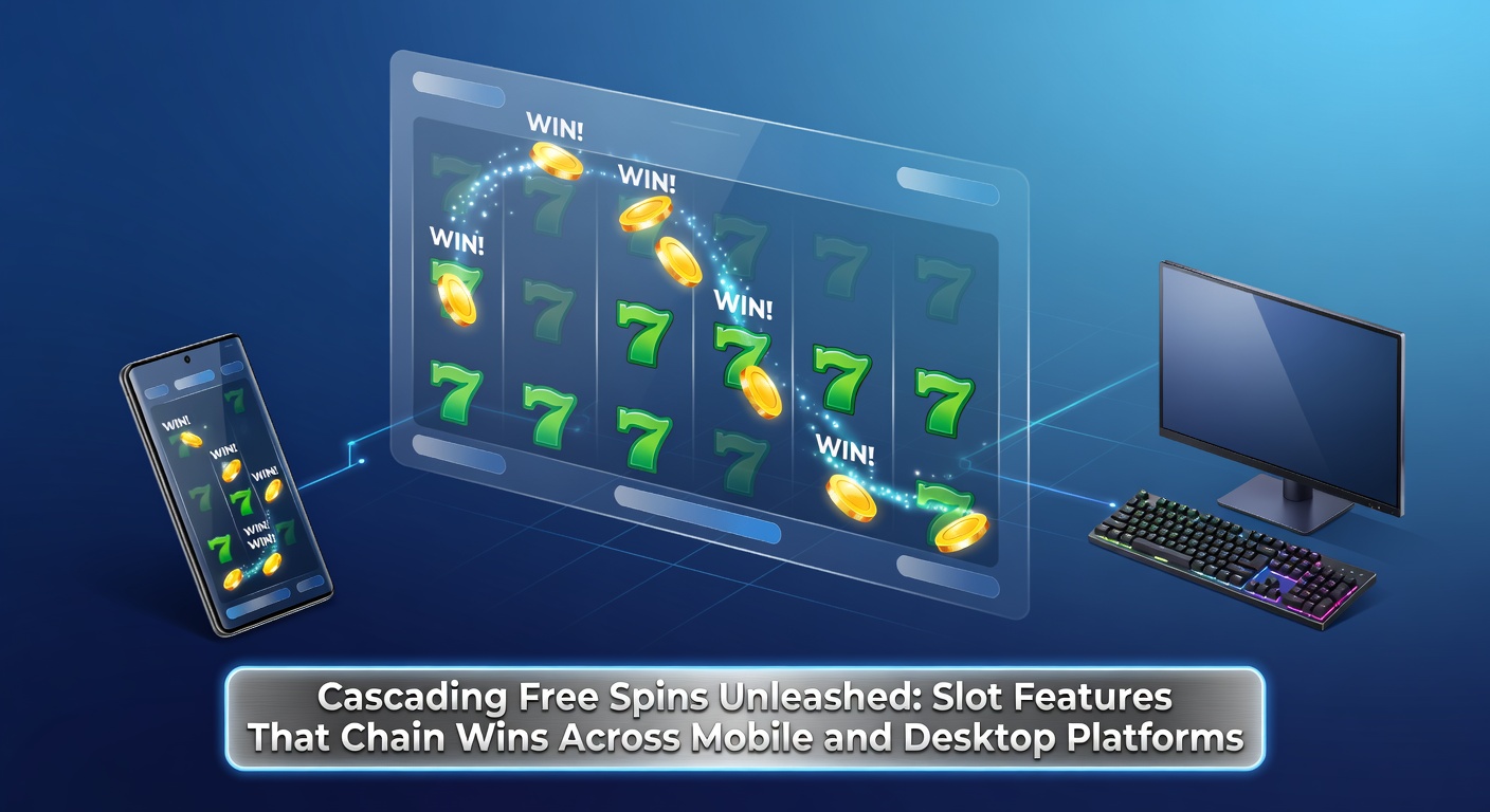 Vergleich eines Slot-Spiels auf Desktop und Mobile, mit kaskadierenden Symbolen und Free-Spin-Anzeige