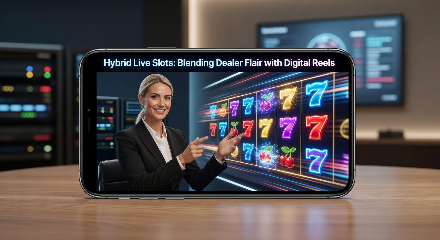 Dealer bei einem Hybrid Live Slot, der physische Elemente mit digitalen Walzen kombiniert, auf einem Smartphone-Bildschirm dargestellt
