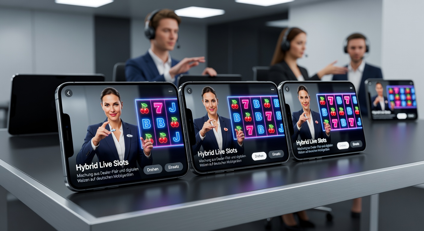 Nahaufnahme eines Hybrid Live Slots auf einem deutschen Smartphone, mit Dealer im Hintergrund und drehenden digitalen Walzen